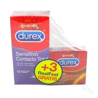 DUREX SENSITIVO CONTACTO TOTAL+ DUREX REAL FEEL PRESERVATIVOS PROMOCION 12 U + 3 U